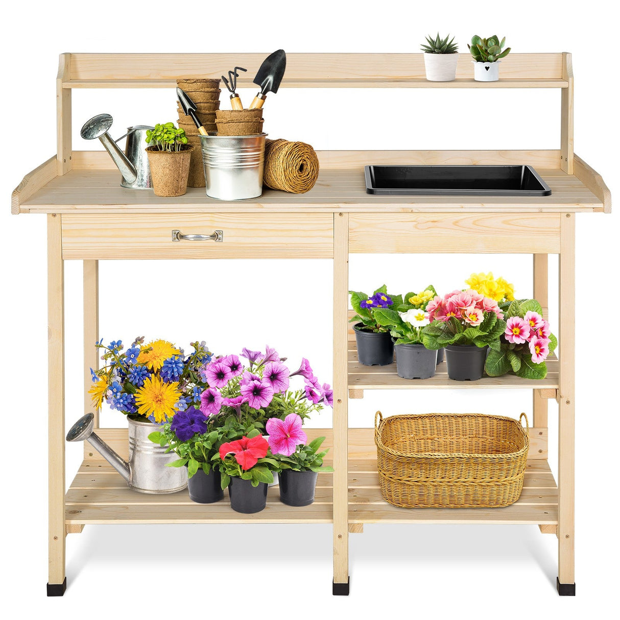EAGLE PEAK Outdoor Garden Potting Bench Wooden Work Station Table with Removable Dry Sink, Storage Shelf, Handy Hook - Eagle Peak Custom Canopy Tent