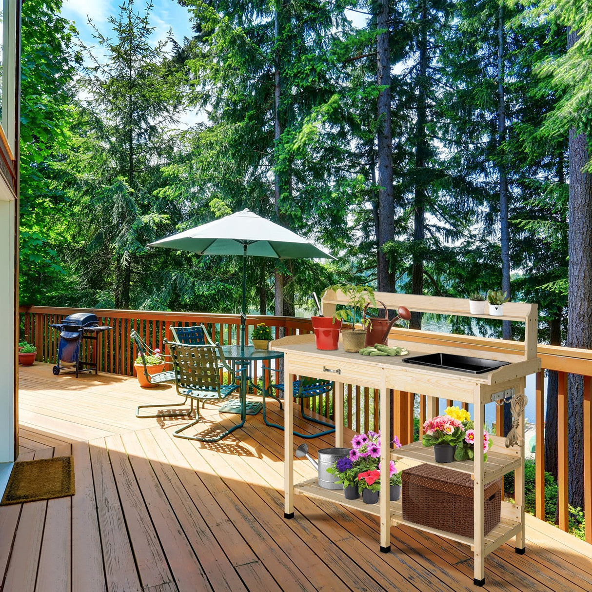 EAGLE PEAK Outdoor Garden Potting Bench Wooden Work Station Table with Removable Dry Sink, Storage Shelf, Handy Hook