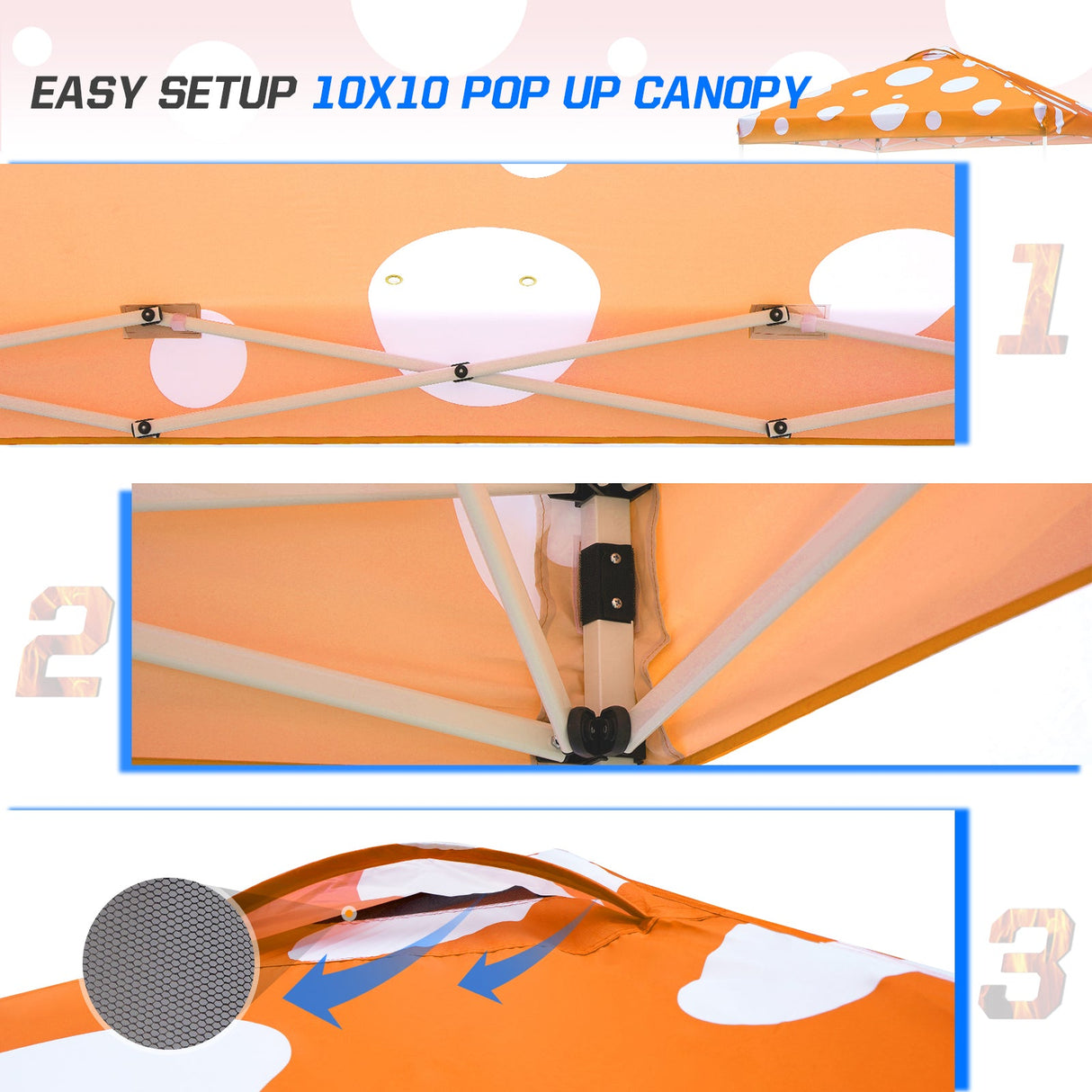 Eagle Peak SHADE GRAPHiX Easy Setup 10x10 Pop Up Canopy Tent (Orange Mushroom Top) - Eagle Peak Custom Canopy Tent