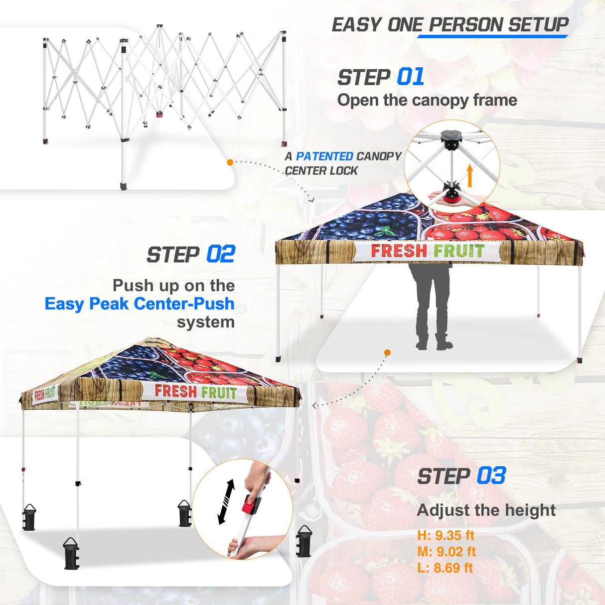 Eagle Peak SHADE GRAPHiX Easy Setup 10x10 Pop Up Canopy Tent with Digital Printed Fruit - Eagle Peak Custom Canopy Tent