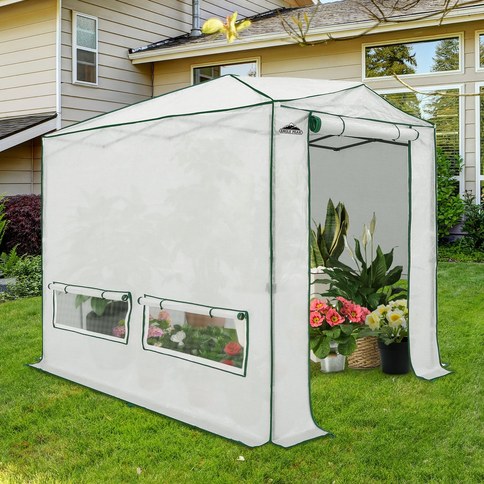 8x6/12x8 Portable Walk-in Greenhouse, Woven PE Top, White – Eagle