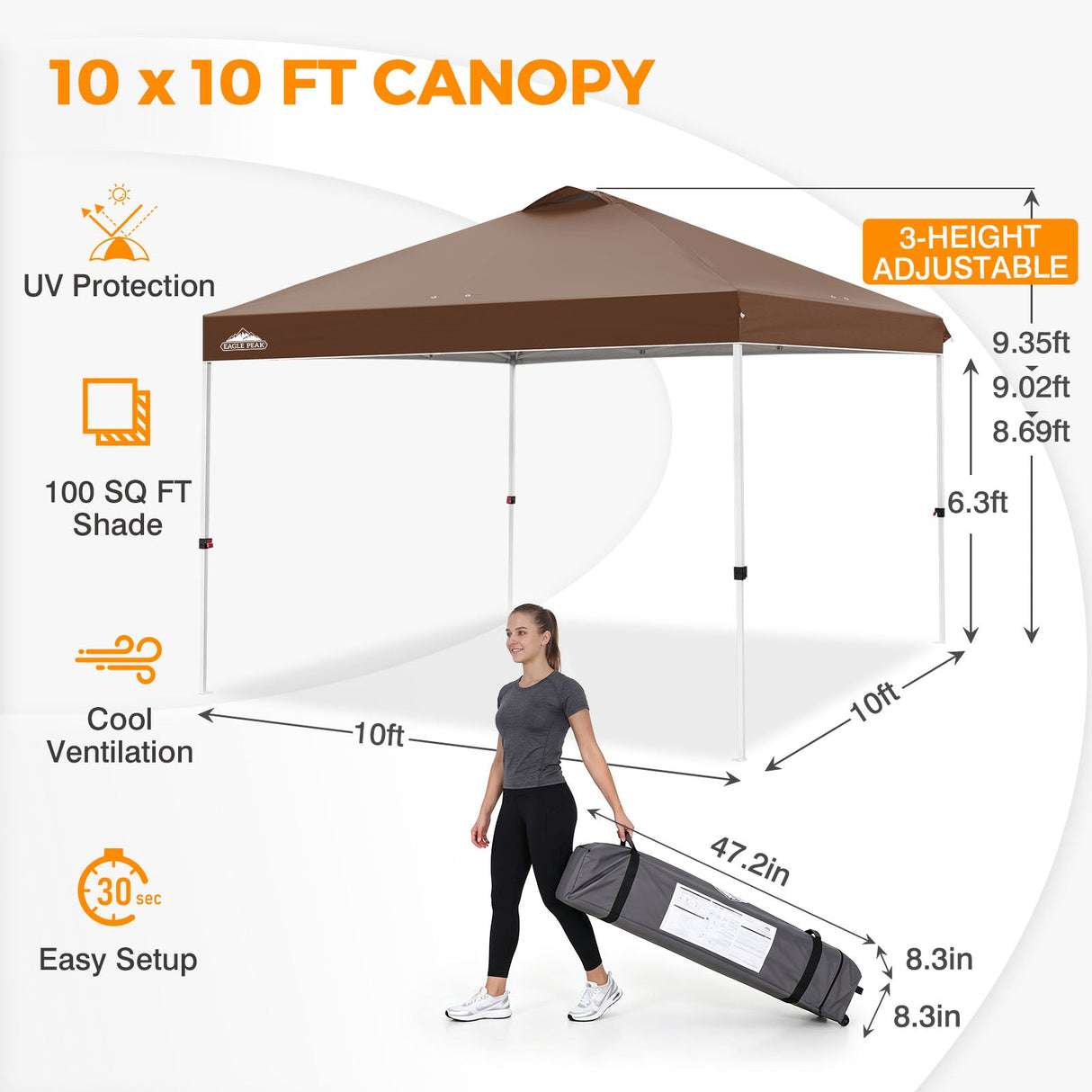Easy Setup Straight Leg 10x10 Pop Up Canopy Tent w/ 100 sqft of Shade - Eagle Peak®