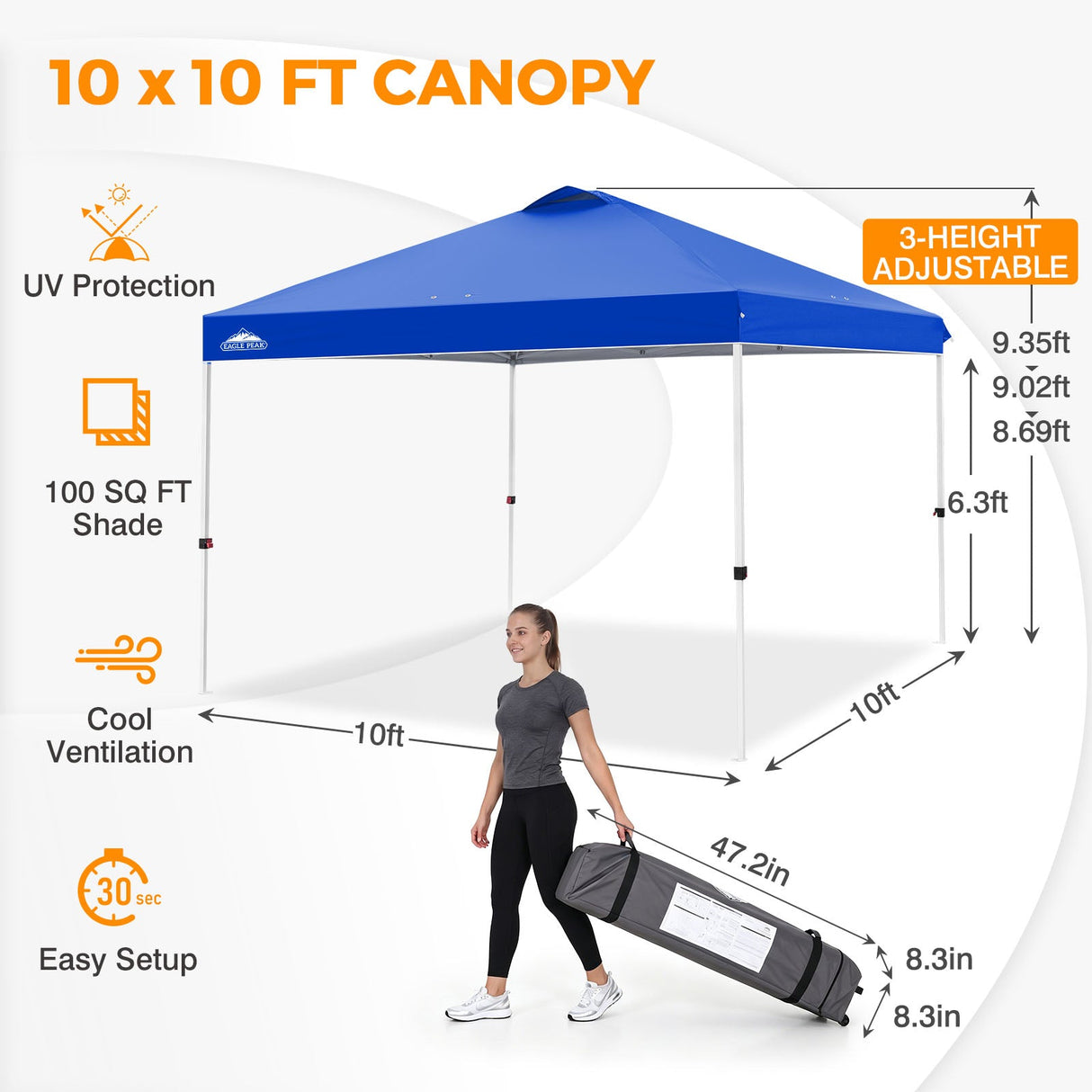 Easy Setup Straight Leg 10x10 Pop Up Canopy Tent w/ 100 sqft of Shade - Eagle Peak®