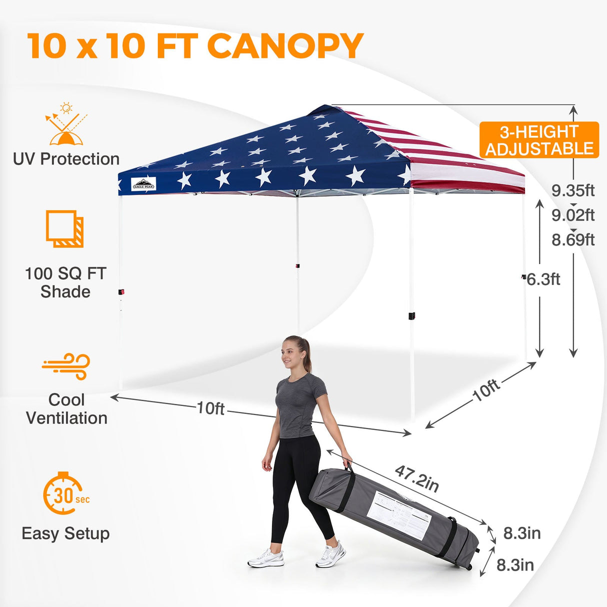 Easy Setup Straight Leg 10x10 Pop Up Canopy Tent w/ 100 sqft of Shade - Eagle Peak®
