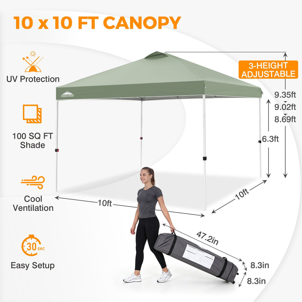 Easy Setup Straight Leg 10x10 Pop Up Canopy Tent w/ 100 sqft of Shade - Eagle Peak®