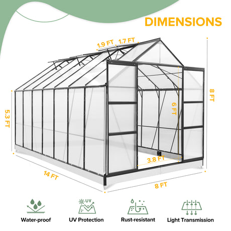 EAGLE PEAK 14x8x8 Outdoor Walk-in Hobby Greenhouse with Adjustable Roof Vent and Rain Gutter, Base and Anchor, Polycarbonate Aluminum Green House for Backyard Garden, Gray