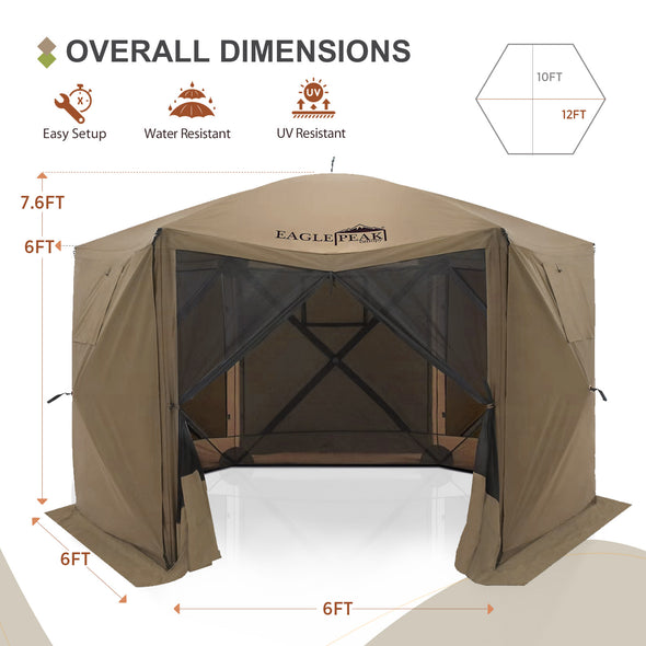 EAGLE PEAK 12x12 ft Portable Quick Pop Up Canopy Tent with 5 Wall Panels, 6 Sided Instant Gazebo Outdoor Camping Screen Tent, Green / Beige