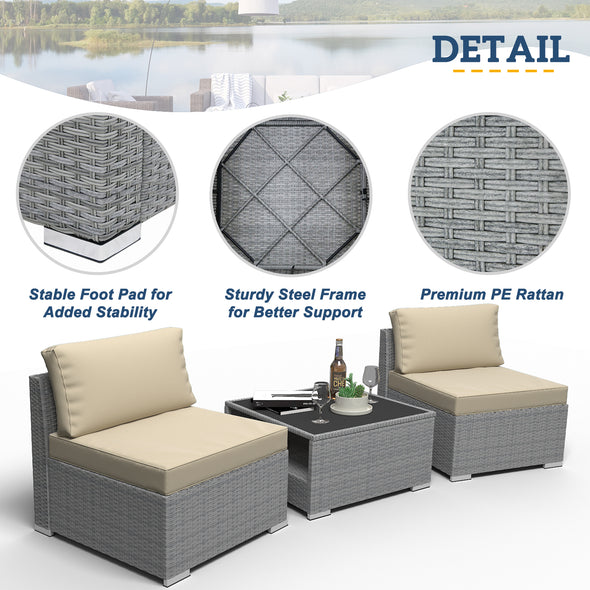 EAGLE PEAK 3 Piece Outdoor Armless Wicker Sofa Set, Outdoor Patio Armless Chairs with Removable Cushions and Coffee Table, Sectional Wicker Loveseat Sofa
