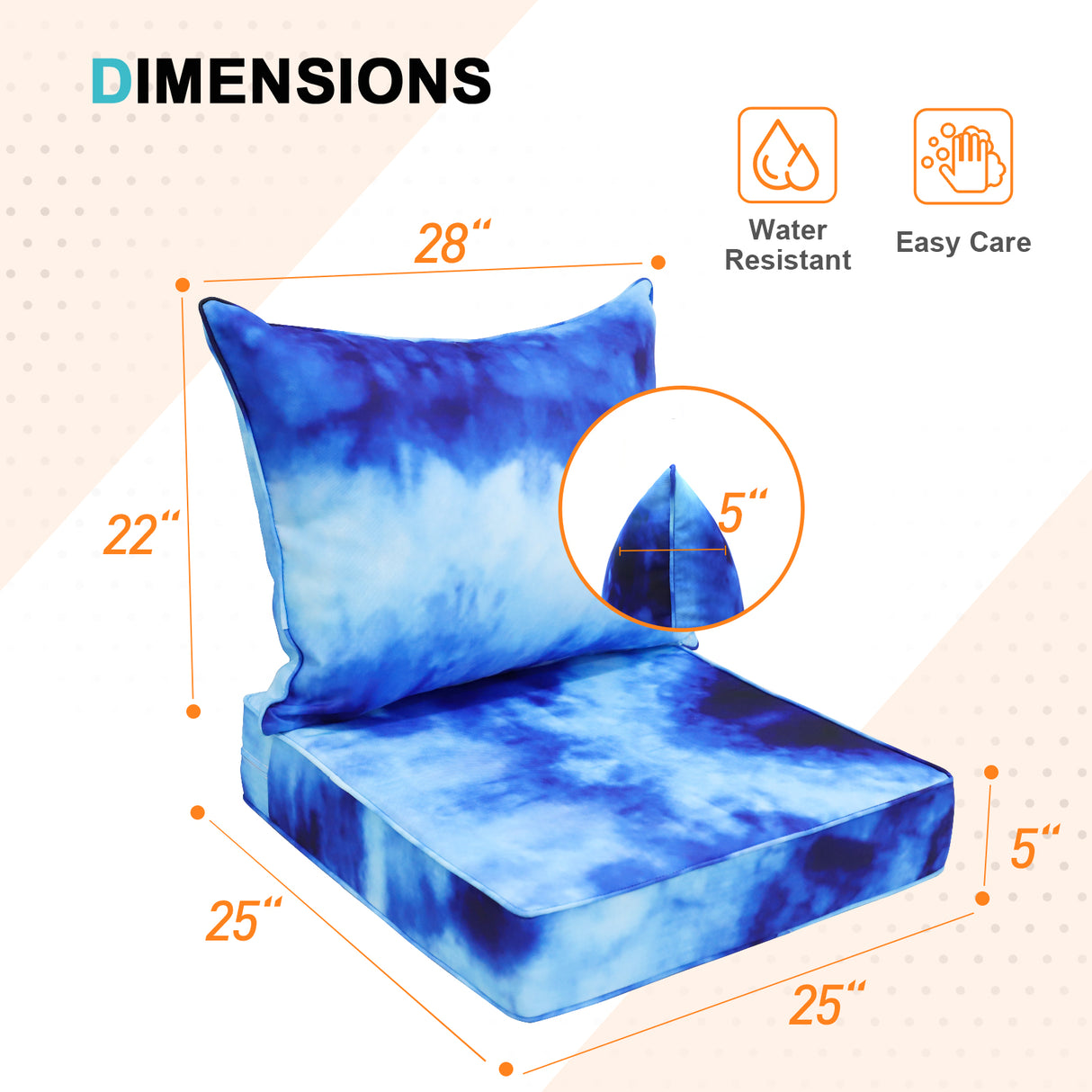 Outdoor Deep Seat Patio Seat Cushion Set, 25x25x5 inch, 2-Piece Back Chair Cushion