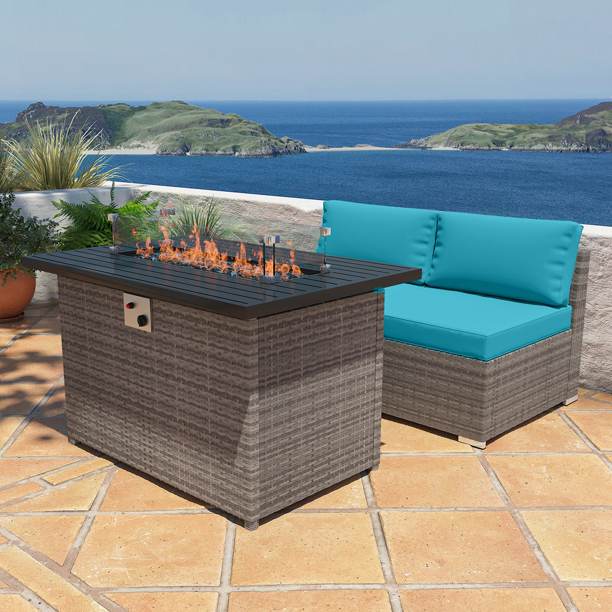 EAGLE PEAK 3 Piece Outdoor Armless Wicker Sofa Set, Outdoor Patio Armless Chairs with Removable Cushions and Fire Table, Sectional Wicker Loveseat Sofa