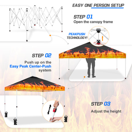 Eagle Peak SHADE GRAPHiX Easy Setup 10x10 Pop Up Canopy Tent with Digital Printed Flame Top