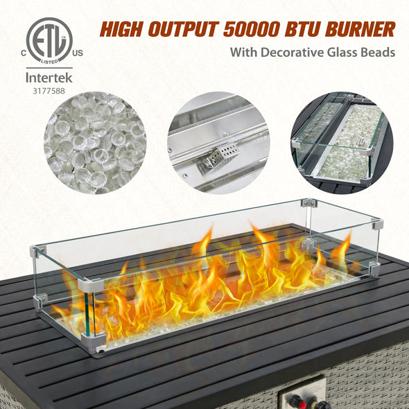 EAGLE PEAK 42 Inch Outdoor Propane Gas Fire Pit Table, 50,000 BTU Auto-Ignition Rectangular Gas Fire Pit with Glass Wind Guard, Gray PE