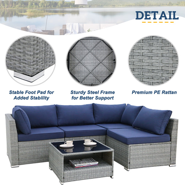 EAGLE PEAK 5 Piece Outdoor Wicker Patio Furniture Set with Coffee Table, Outdoor PE Rattan Sectional Conversation Sets with Seating for 4 People