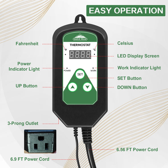 EAGLE PEAK Digital Heat Mat Thermostat Controller 42–108 ºF for Heat Mat, Greenhouse, Heater Fan, Seedling, Germination, Fermentation and Reptiles, 15A/1800W