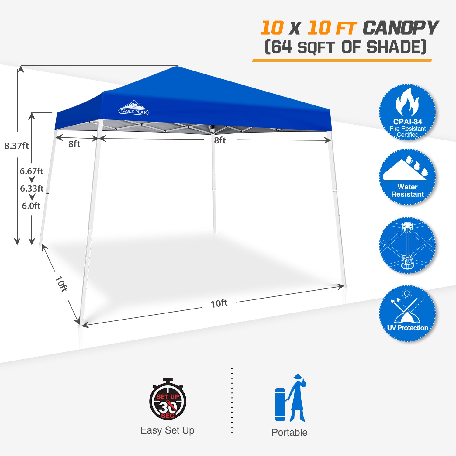 10' x 10' Slant Leg Pop Up Canopy with 64 sqft of Shade