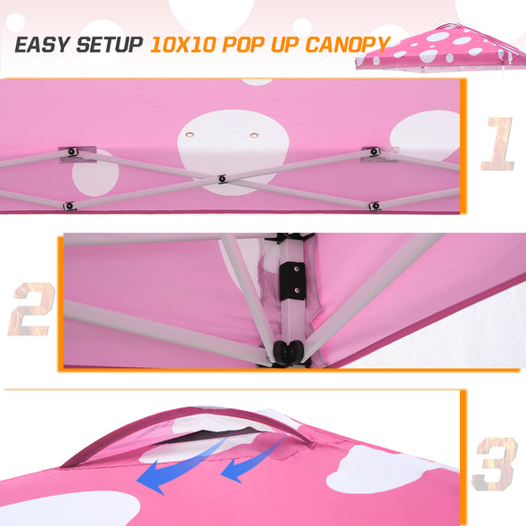 Eagle Peak SHADE GRAPHiX Easy Setup 10x10 Pop Up Canopy Tent with Digital Printed Pink Mushroom Top