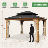 EAGLE PEAK 13x15 Solid Wood Gazebo with Netting and Curtains, Outdoor Hardtop Gazebo Pavilion Cedar Wooden Frame Double Roof Metal Canopy for Patio Deck Backyards Garden