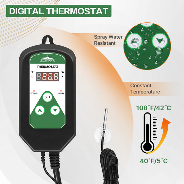 EAGLE PEAK Digital Heat Mat Thermostat Controller 42–108 ºF for Heat Mat, Greenhouse, Heater Fan, Seedling, Germination, Fermentation and Reptiles, 15A/1800W