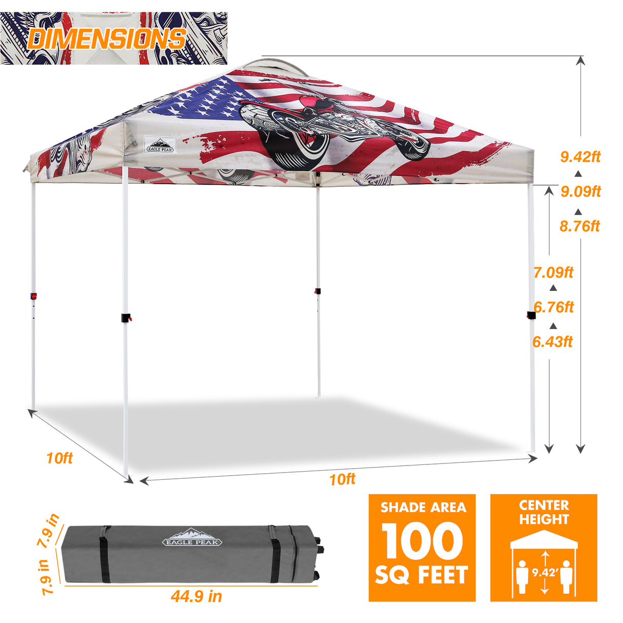 EAGLE PEAK 10x10 Pop Up Canopy, Instant Outdoor Canopy Tent, Straight Leg Pop Up Tent for Parties, Camping, The Beach and More, 100 Square Feet of Shade, Motorcycle Skull