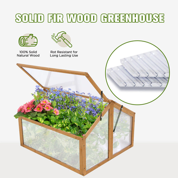 EAGLE PEAK Garden Cold Frame Greenhouse, Use on The Ground or on Raised Garden Beds, 35.4x31.5x23.2in, Wood Frame with PC Windows, Dual Vented Panel, Natural