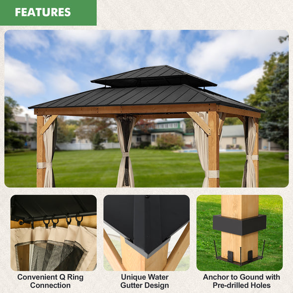 EAGLE PEAK 13x15 Solid Wood Gazebo with Netting and Curtains, Outdoor Hardtop Gazebo Pavilion Cedar Wooden Frame Double Roof Metal Canopy for Patio Deck Backyards Garden