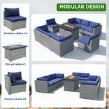 EAGLE PEAK 9 Piece Outdoor Wicker Patio Furniture Set with Fire Table, PE Rattan Sectional Conversation Sofa Set with Seating for 8 People