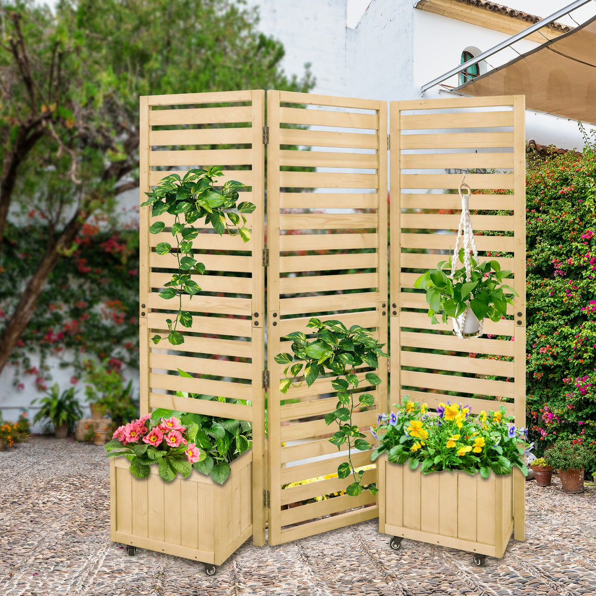 EAGLE PEAK Tri Fold Outdoor Cedar Privacy Screen with 2 Raised Garden Beds