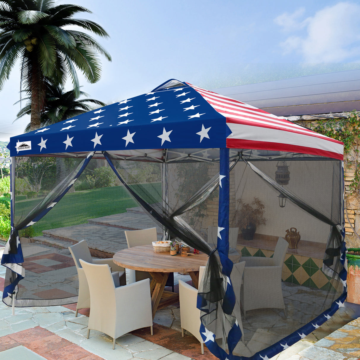 EAGLE PEAK 10x10 Outdoor Easy Pop up Canopy with Netting, Instant Screen Party Tent with Mesh Side Walls, Gray/Beige/American Flag