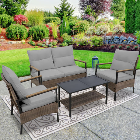 4 PCS Mojave Dusk Patio Wicker Furniture, Loveseat, 2 Patio Chairs and Coffee Table, Brown/Beige