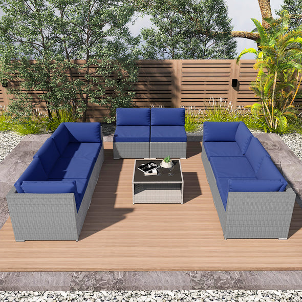 EAGLE PEAK 9 Piece Outdoor Wicker Patio Furniture Set with Coffee Table, PE Rattan Sectional Conversation Sofa Set with Seating for 8 People