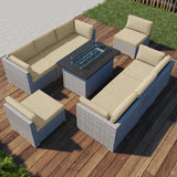 EAGLE PEAK 9 Piece Outdoor Wicker Patio Furniture Set with Fire Table, PE Rattan Sectional Conversation Sofa Set with Seating for 8 People
