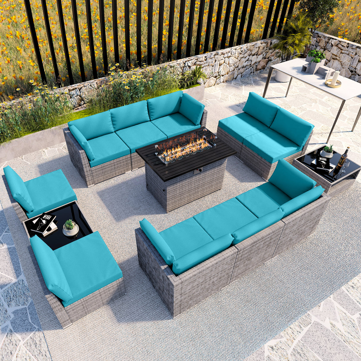 EAGLE PEAK 13 Piece Outdoor Wicker Patio Furniture Set with Fire Table and 2 Coffee Tables, PE Rattan Sectional Conversation Sofa Set with Seating for 10 People