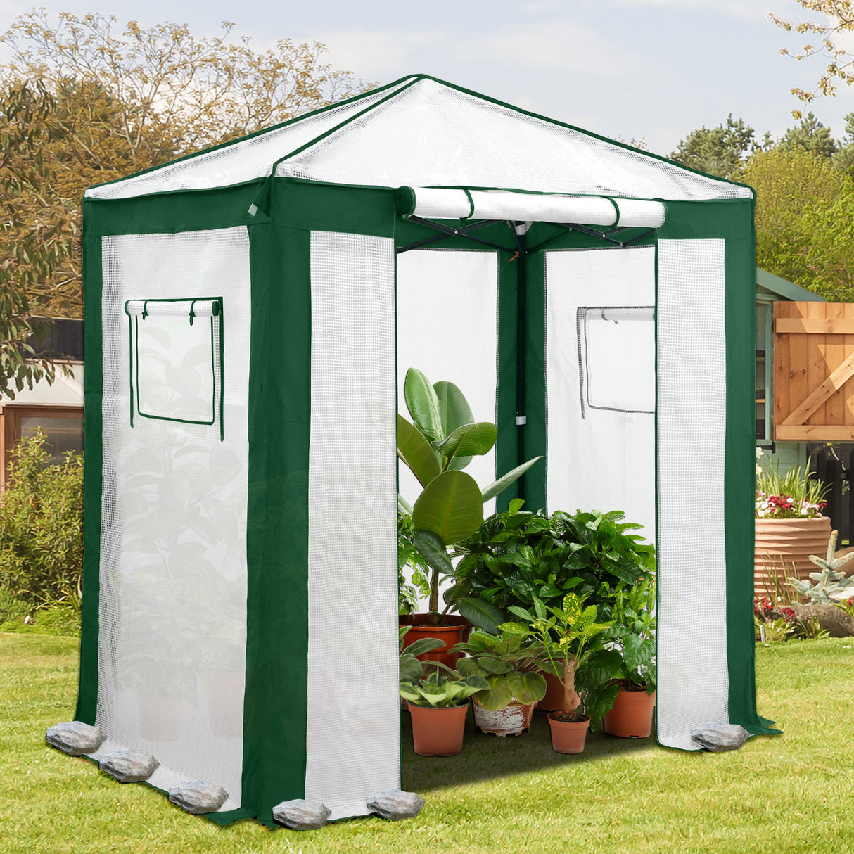 6x4/8x6/10x10 Portable Walk in Greenhouse with Polyester Reinforced Corners, Gray/White, Green/White