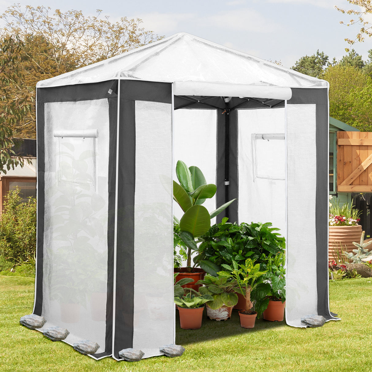 6x4/8x6/10x10 Portable Walk in Greenhouse with Polyester Reinforced Corners, Gray/White, Green/White
