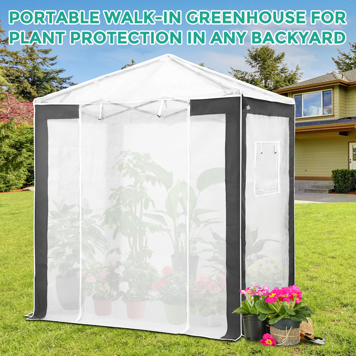 6x4/8x6/10x10 Portable Walk in Greenhouse with Polyester Reinforced Corners, Gray/White, Green/White