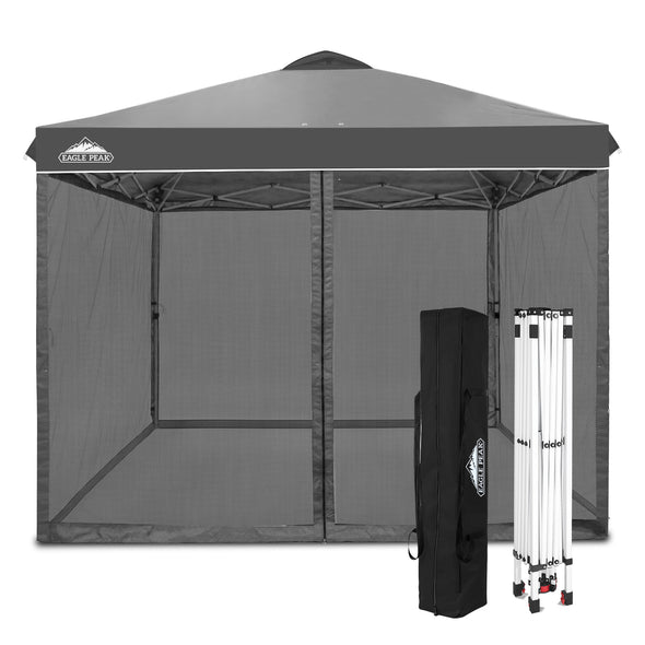 EAGLE PEAK 10x10 Outdoor Easy Pop up Canopy with Netting, Instant Screen Party Tent with Mesh Side Walls, Gray/Beige/American Flag