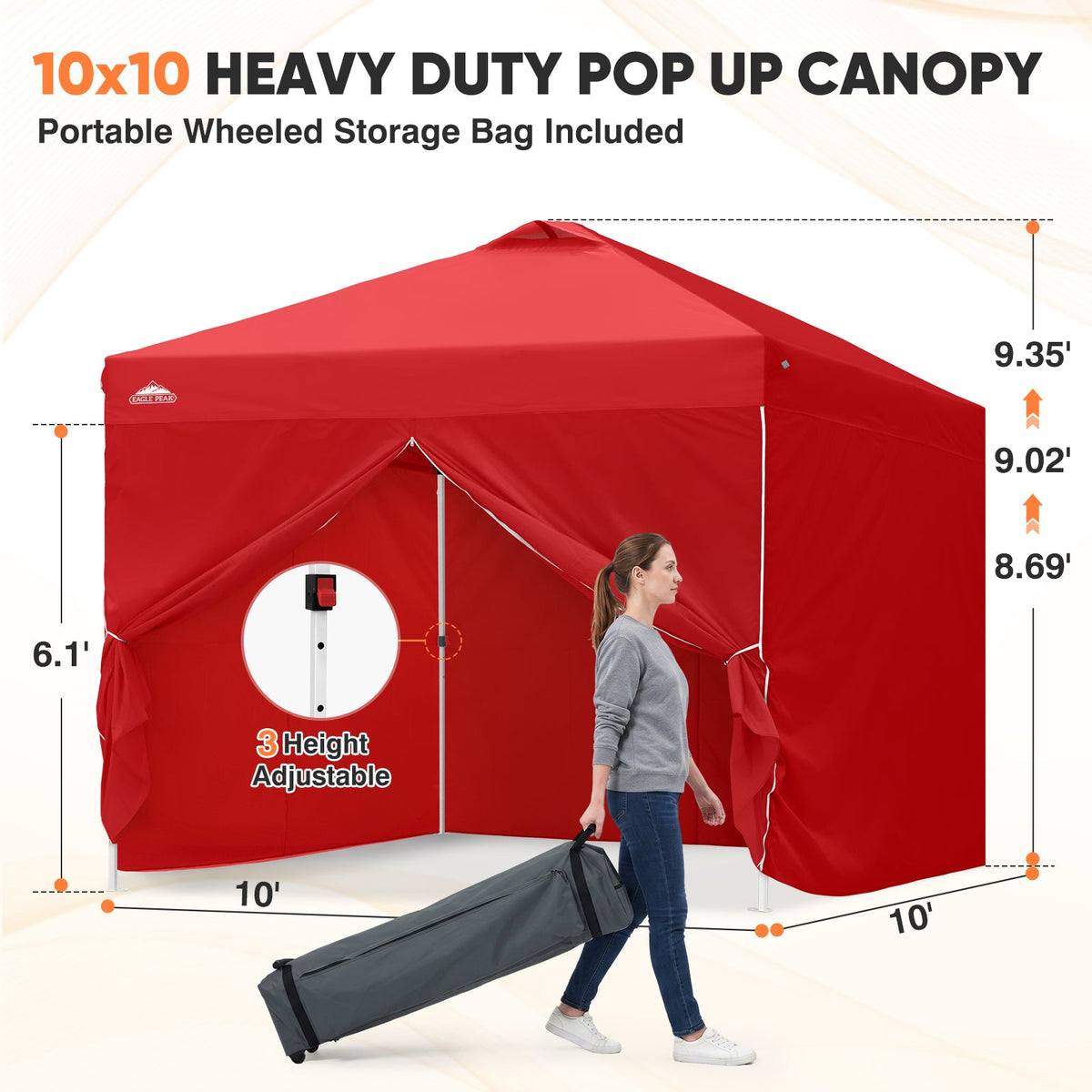 Heavy Duty 10x10 Pop Up Canopy Tent, 4 Canopy Sidewalls - Eagle Peak®