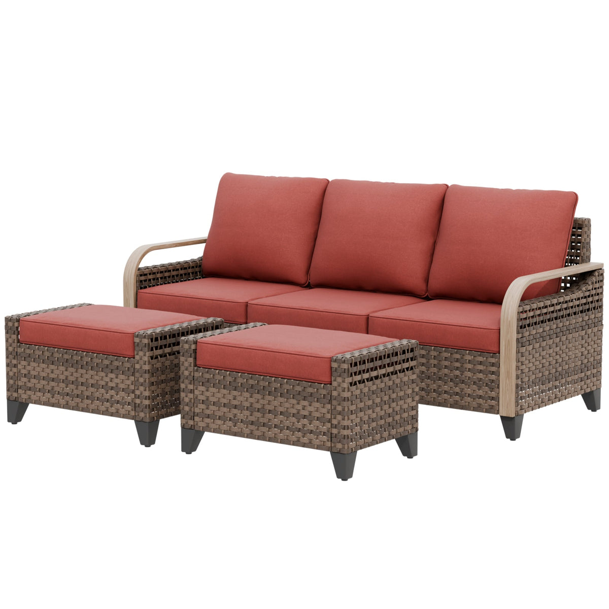 Modern Wicker 3 Piece Outdoor Patio Furniture Set, a 3-Seat Loveseat and 2 Ottomans - Eagle Peak®