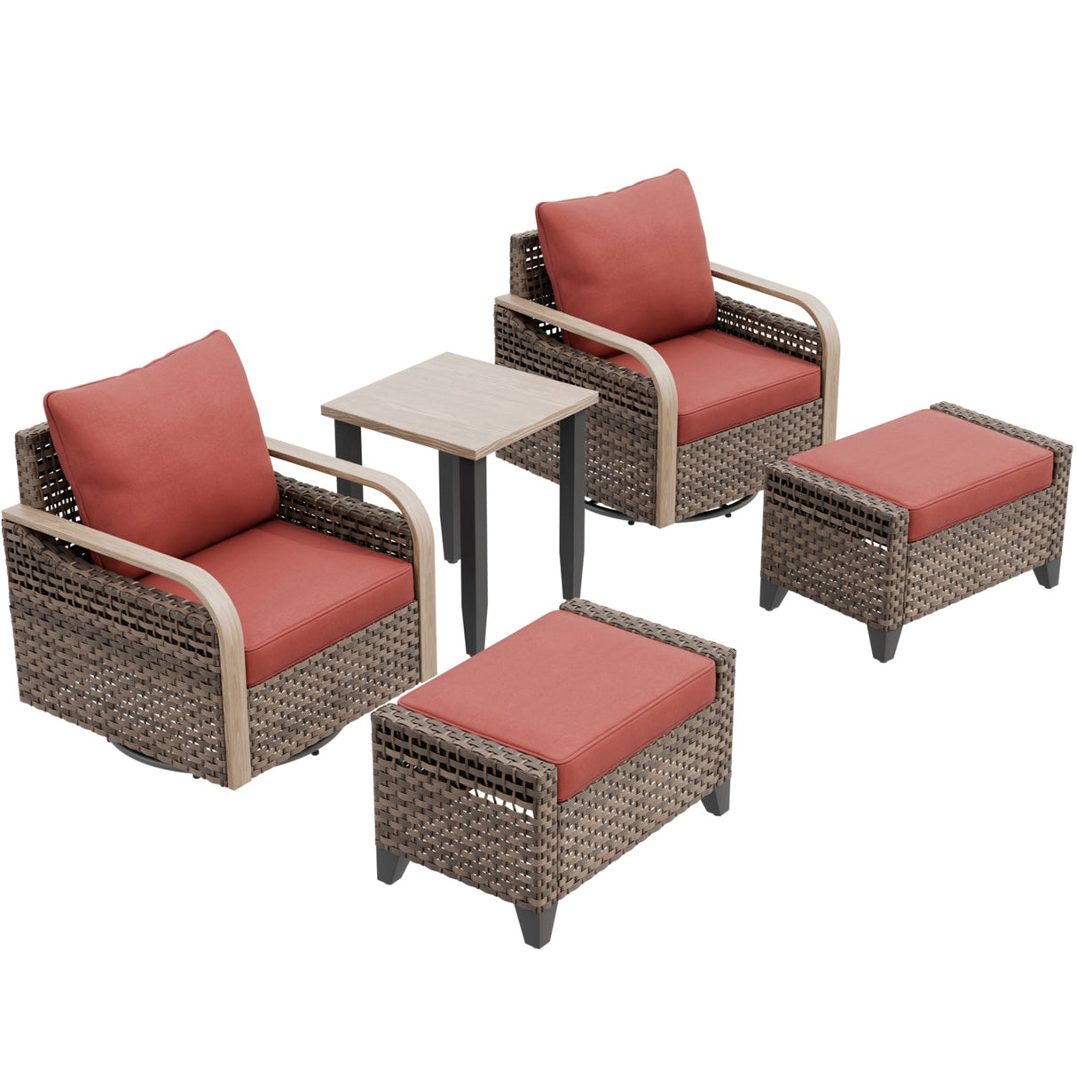 Modern Wicker 5 Piece Furniture Set w/ Swivel Rocking Chairs, Brown/Gray - Eagle Peak®