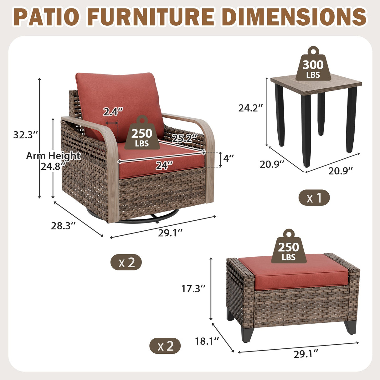 Modern Wicker 5 Piece Furniture Set w/ Swivel Rocking Chairs, Brown/Gray - Eagle Peak®