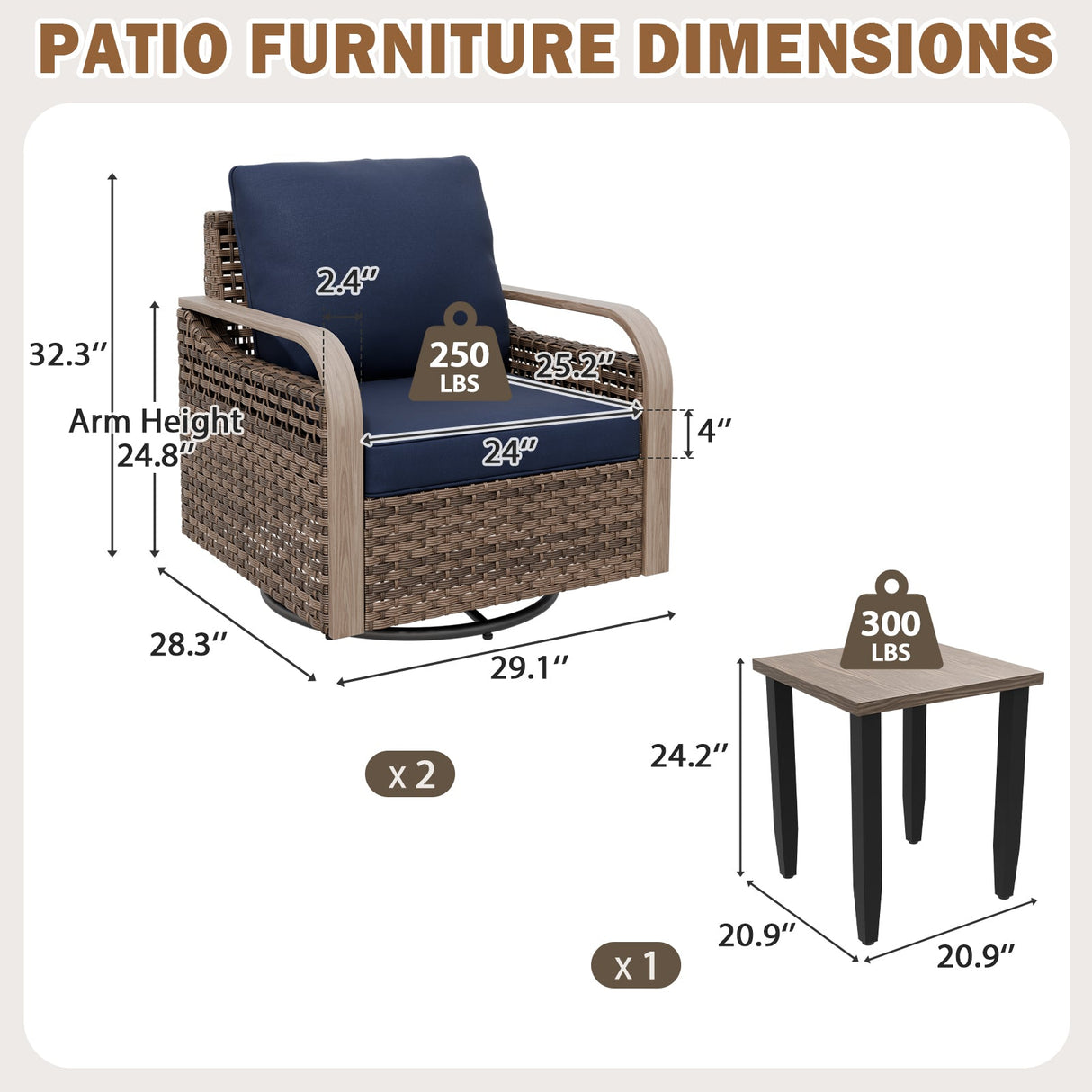 Modern Wicker Outdoor 3 Piece Wicker Swivel Rocking Chairs & Side Table, Brown/Gray - Eagle Peak®