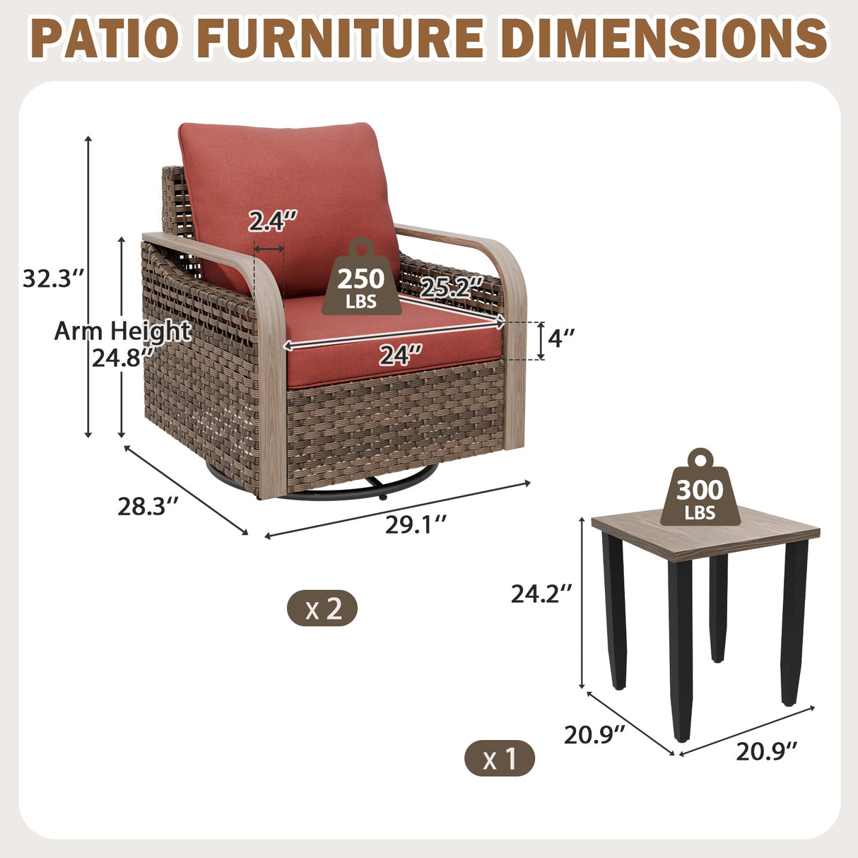 Modern Wicker Outdoor 3 Piece Wicker Swivel Rocking Chairs & Side Table, Brown/Gray - Eagle Peak®