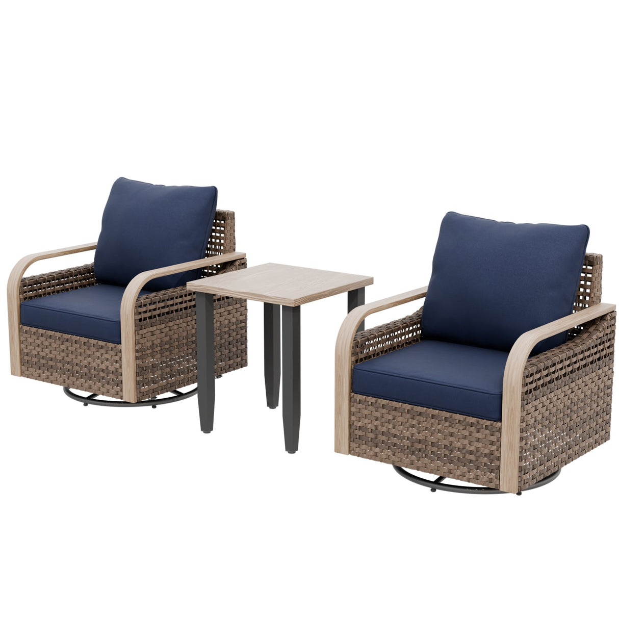 Modern Wicker Outdoor 3 Piece Wicker Swivel Rocking Chairs & Side Table, Brown/Gray - Eagle Peak®