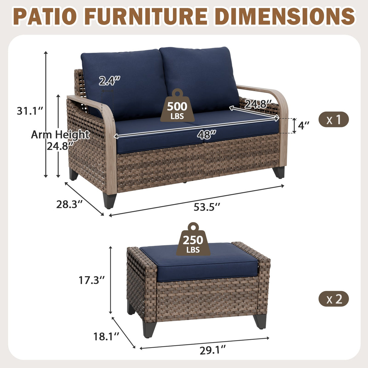 Modern Wicker Outdoor 3 Pieces Patio Furniture Set, 2-Seat Loveseat and 2 Ottoman - Eagle Peak®