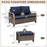 Modern Wicker Outdoor 3 Pieces Patio Furniture Set, 2-Seat Loveseat and 2 Ottoman - Eagle Peak®