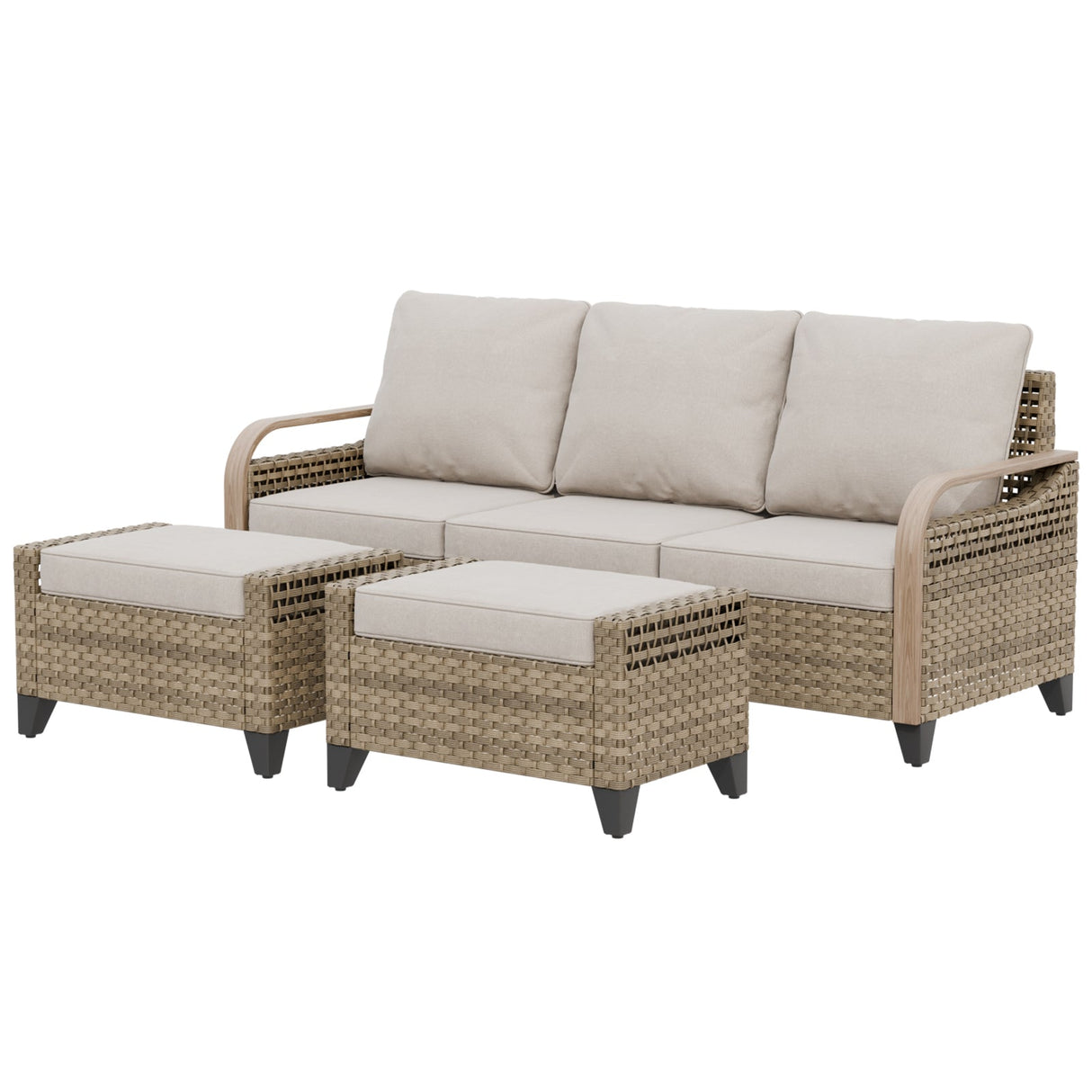 Modern Wicker Outdoor 3 Pieces Patio Furniture Set, 2-Seat Loveseat and 2 Ottoman - Eagle Peak®