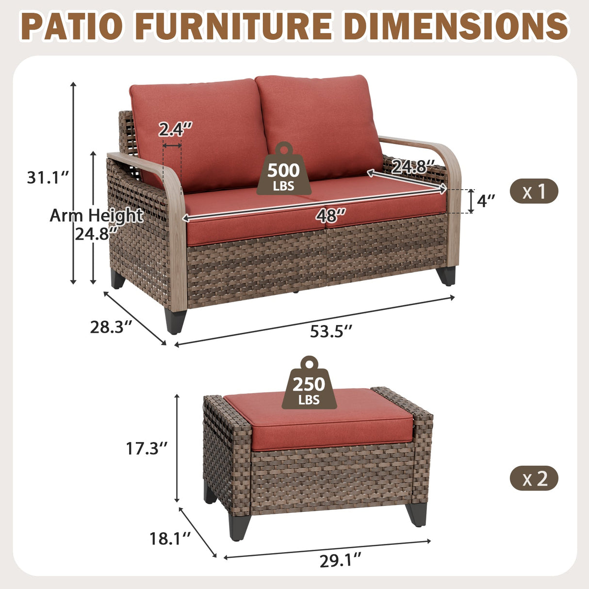 Modern Wicker Outdoor 3 Pieces Patio Furniture Set, 2-Seat Loveseat and 2 Ottoman - Eagle Peak®