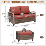 Modern Wicker Outdoor 3 Pieces Patio Furniture Set, 2-Seat Loveseat and 2 Ottoman - Eagle Peak®