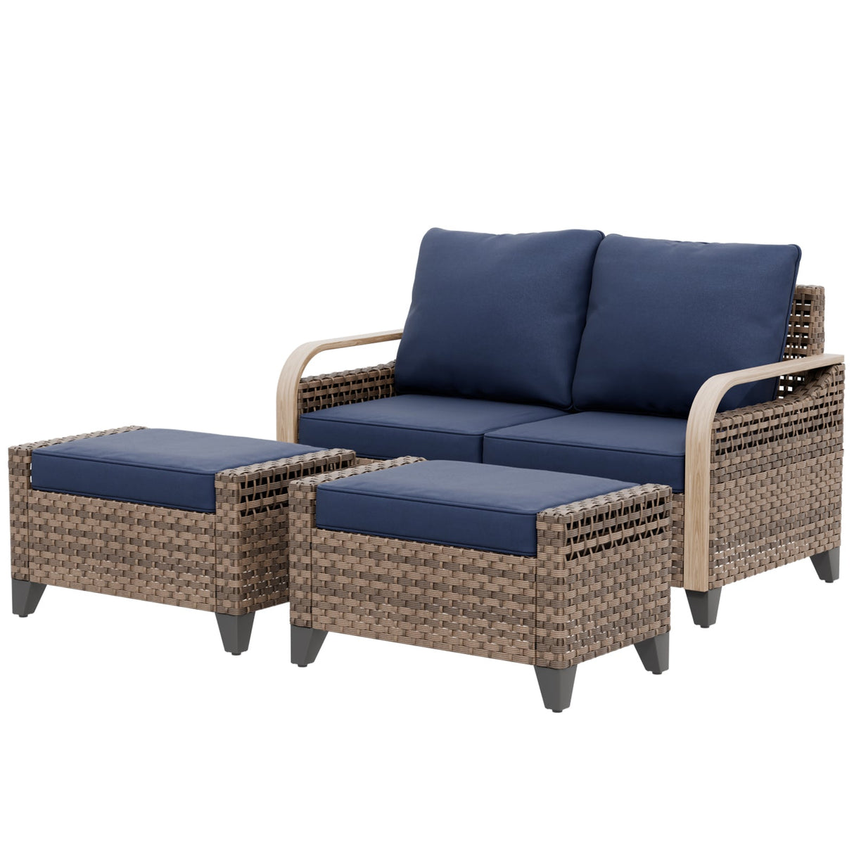 Modern Wicker Outdoor 3 Pieces Patio Furniture Set, 2-Seat Loveseat and 2 Ottoman - Eagle Peak®