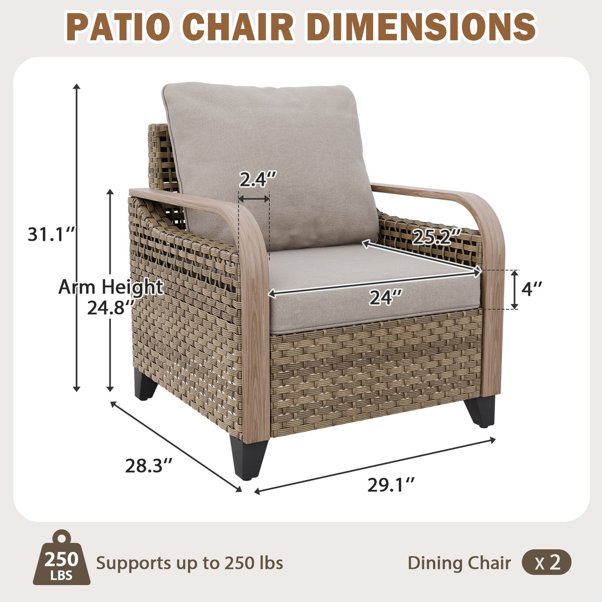 Modern Wicker Outdoor Chair, Patio Chair Curved Armrest, 2 Chairs, Brown/Gray - Eagle Peak®